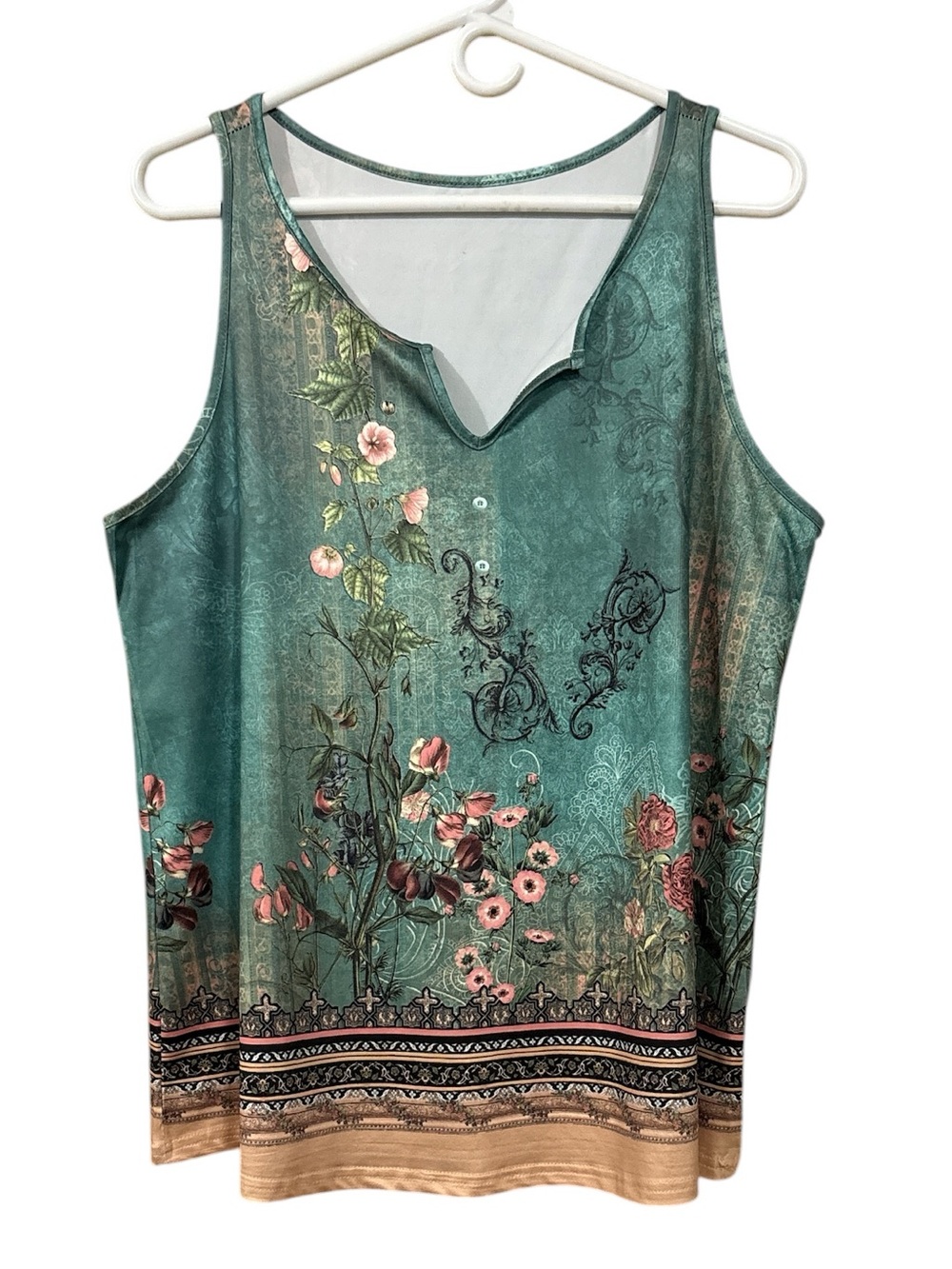 Teal Floral Sleeveless V-Notch Tank Top